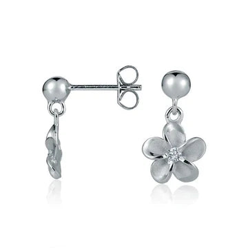Bead + Plumeria CZ Rhodium Plated Earring - 8mm image 0