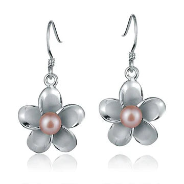 Rhodium Plumeria Pink Pearl Hook Earring -18mm image 0