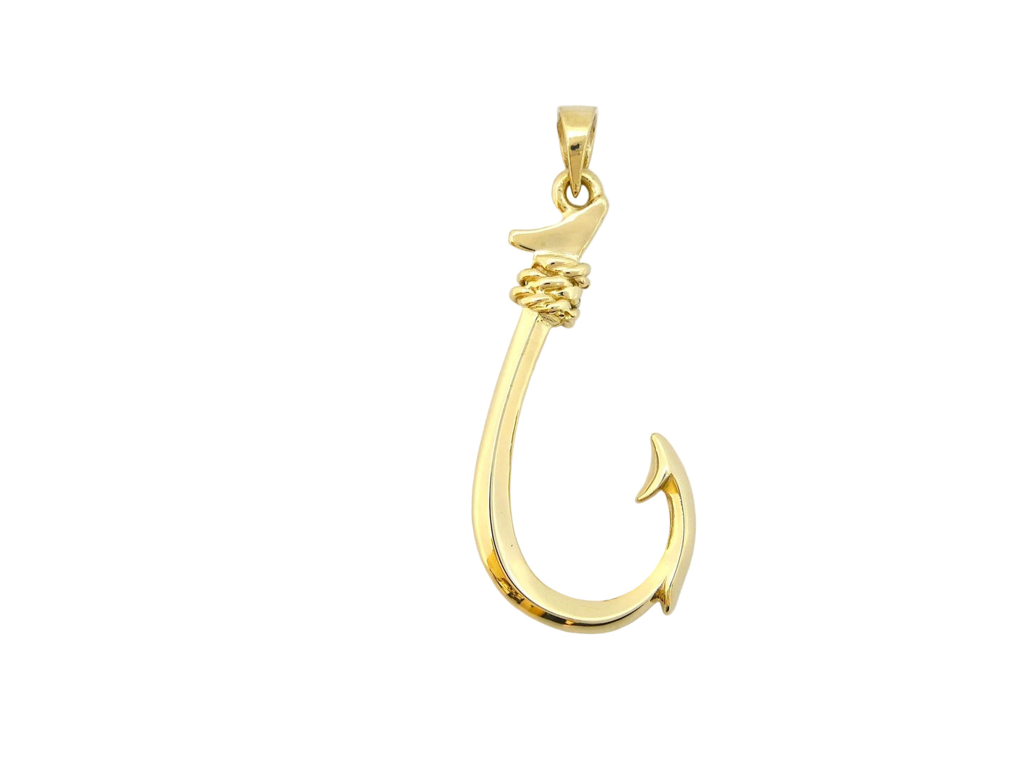 14K gold fish hook pendant with detailed craftsmanship, featuring a sleek and elegant design for jewelry or necklace adornment.