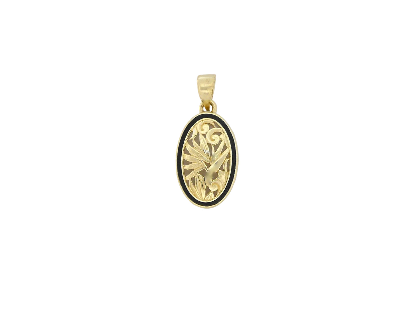 14K gold Bird of Paradise pendant with detailed floral design, small size, crafted by Ashley's Gift Shop.