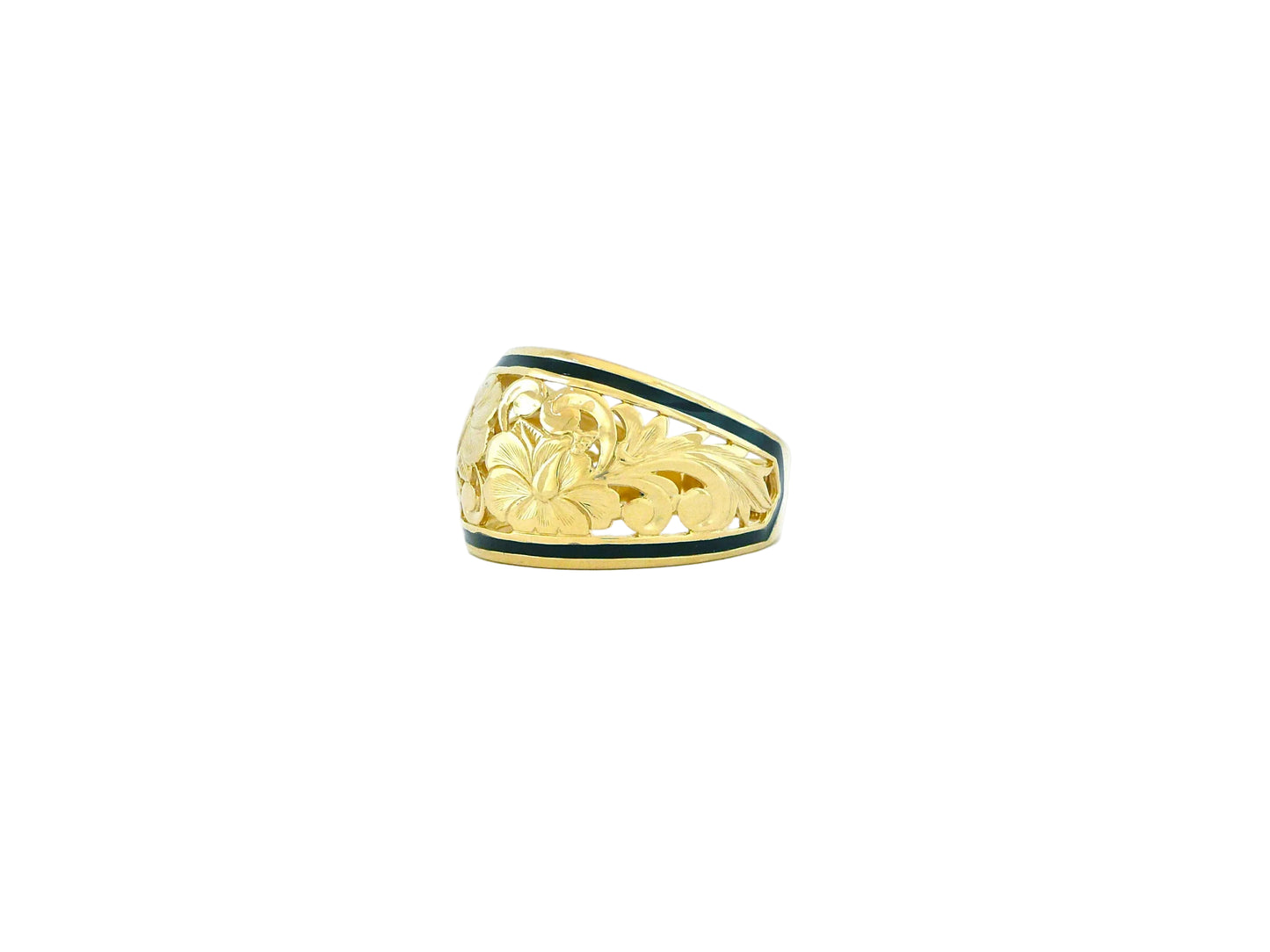 Hawaiian 14K Gold black ring, 15mm wide, featuring a sleek design.