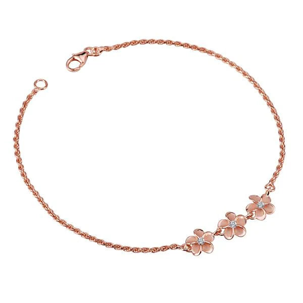 Hawaiian 925 Sterling Silver anklet with three plumeria CZ charms and rhodium plating, 8mm size, elegant ankle jewelry.