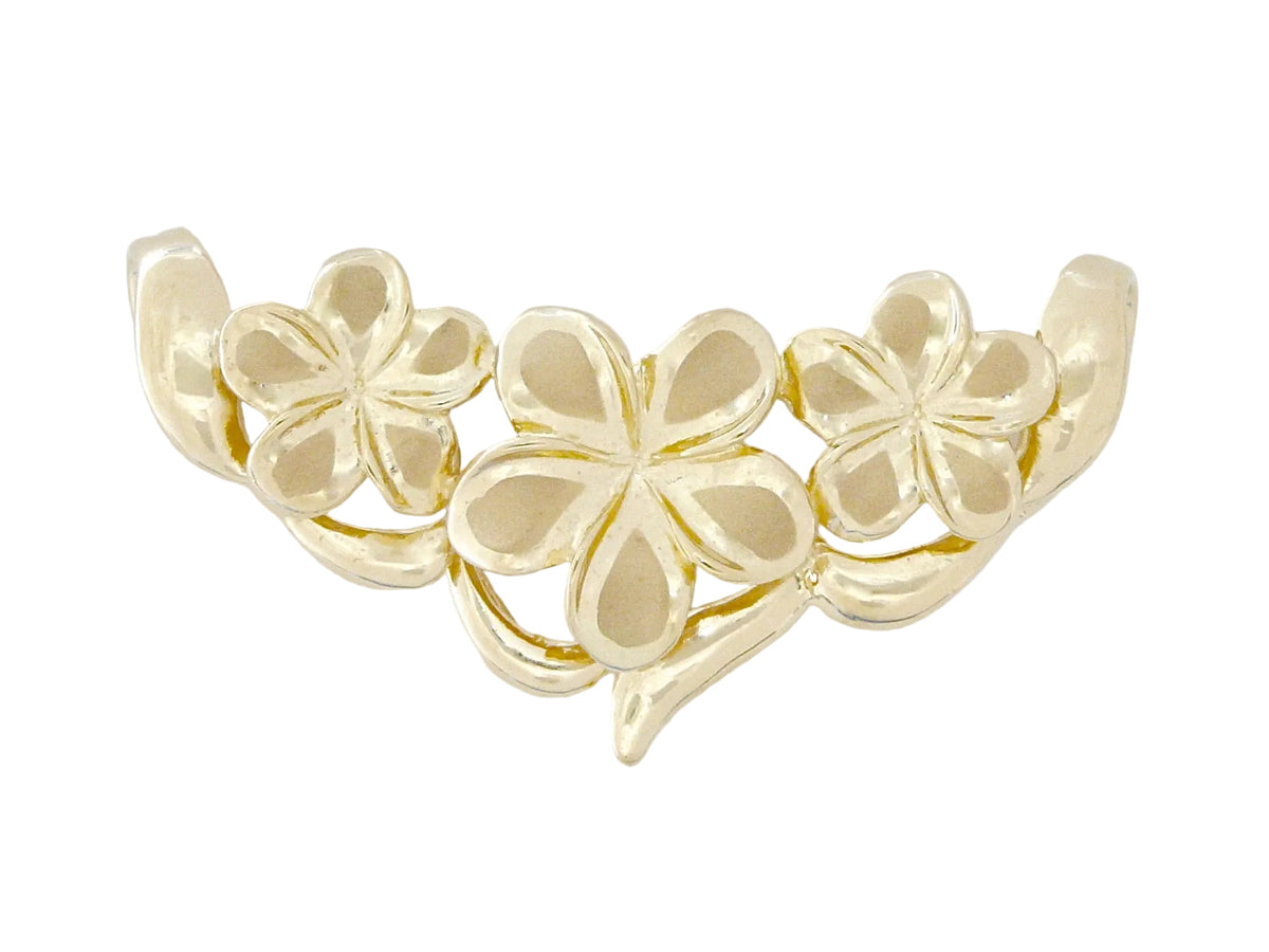 Hawaiian 14K Gold large 14K gold Plumeria slide pendant with three flower designs.