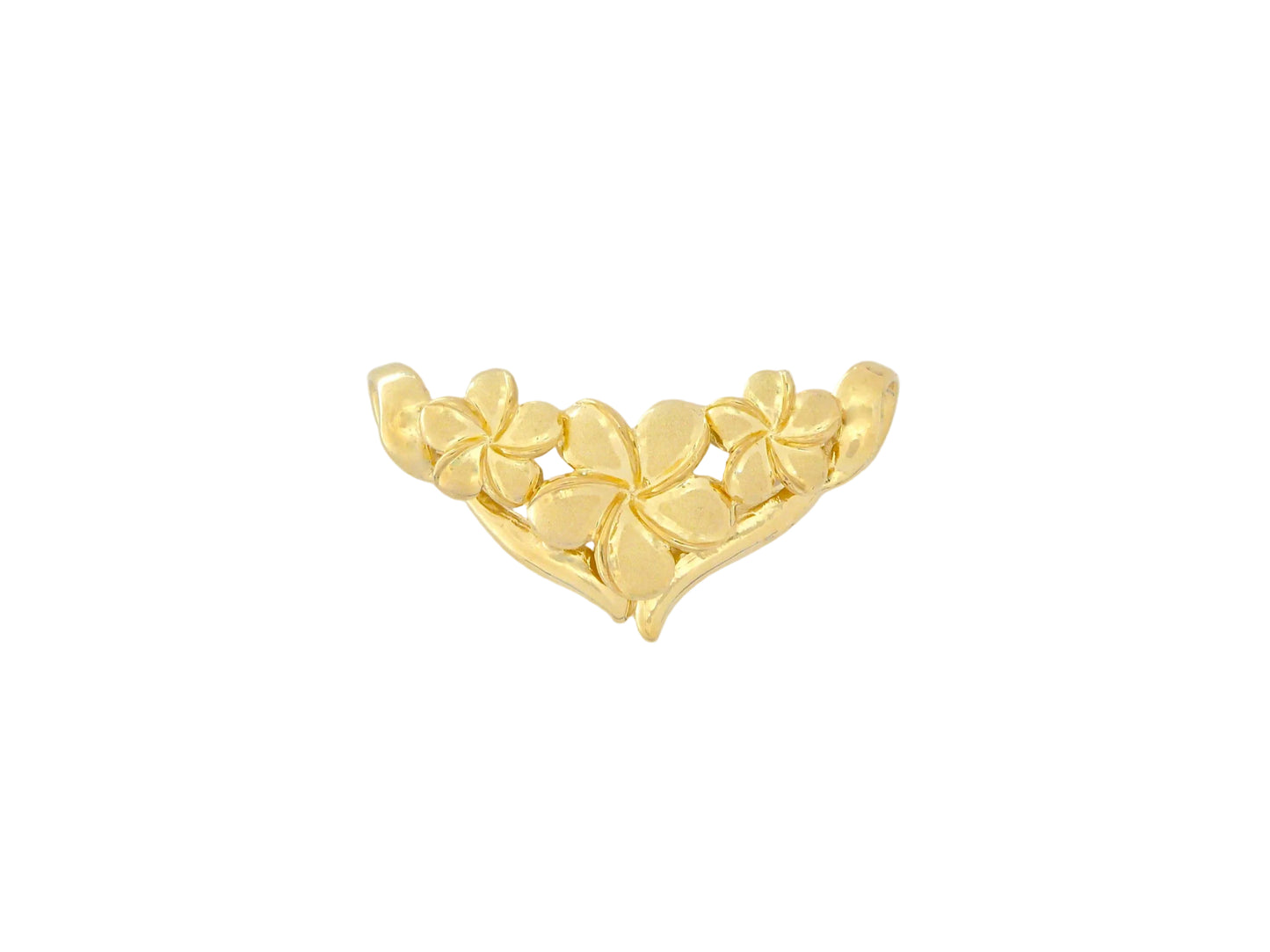 Small 14K gold Plumeria slide pendant with three flower charms, crafted by Ashley's Gift Shop.