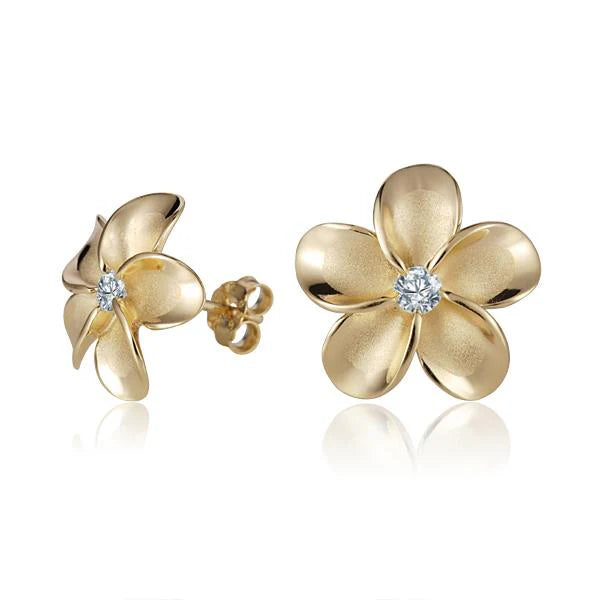 Plumeria CZ YG Rhodium Post Earring - 15mm image 0