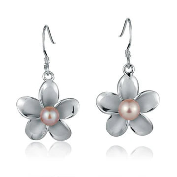 Rhodium Plumeria Pink Pearl Hook Earring -20mm image 0