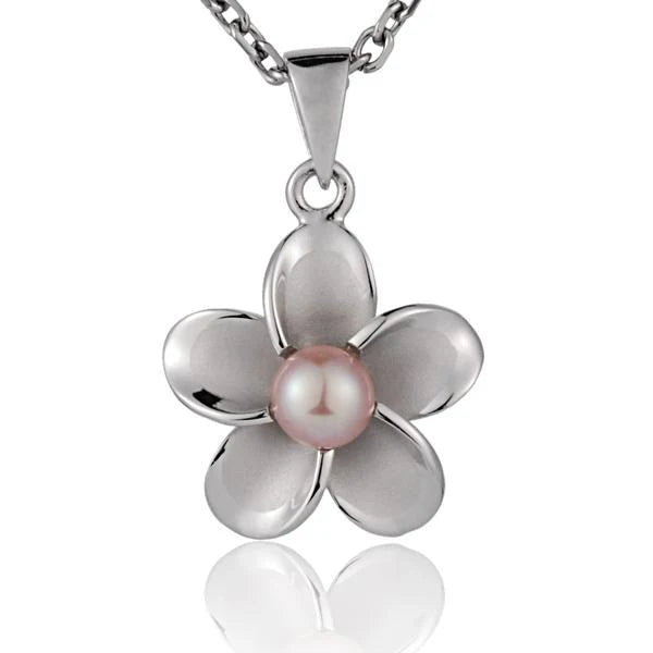 Rhodium Plumeria Pink Pearl Pendant - 18mm image 0
