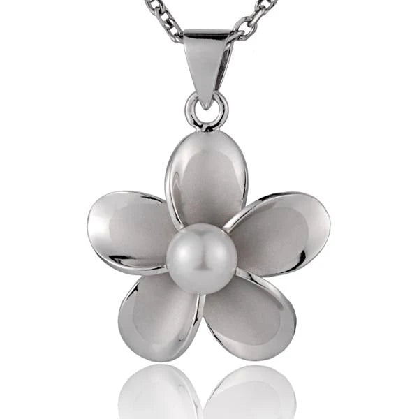 Rhodium Plumeria White Pearl Pendant - 25mm image 0
