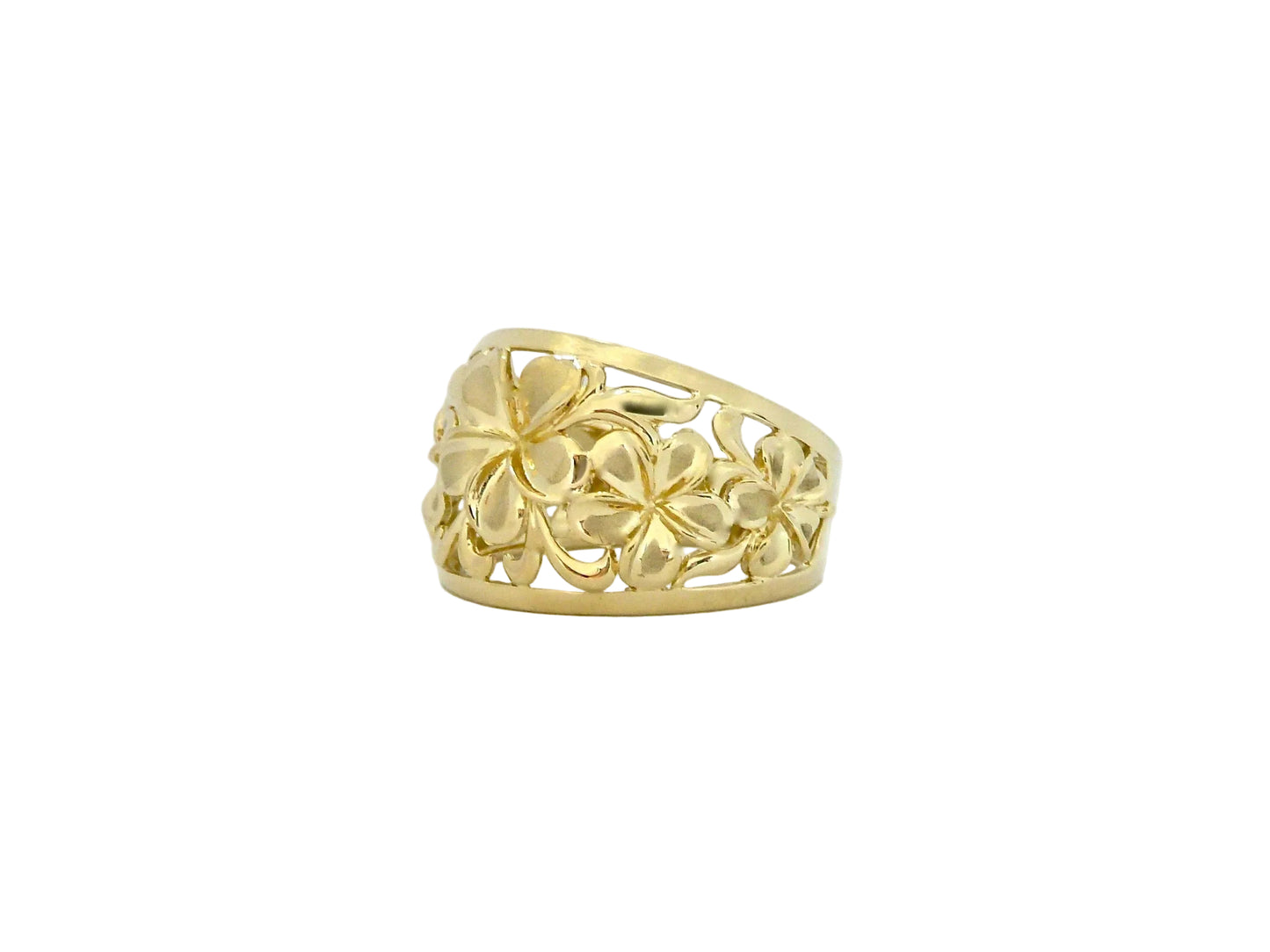 Hawaiian 14K Gold ring featuring five flower designs, crafted with delicate detailing.