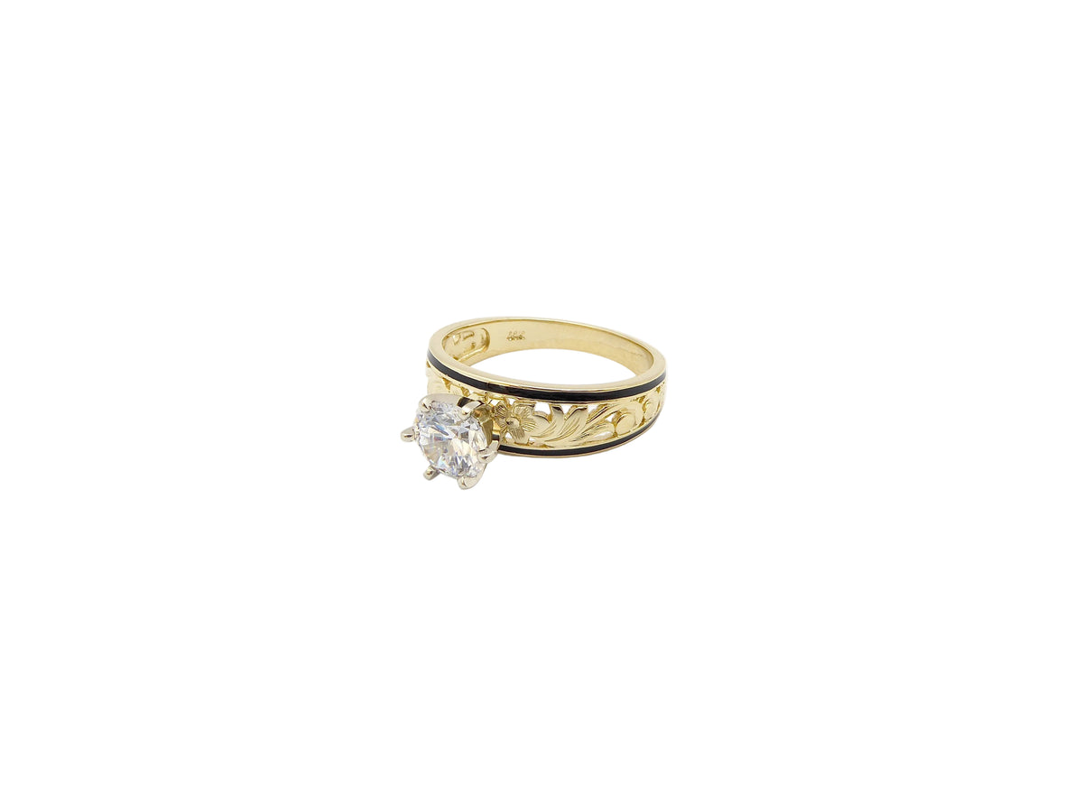 Hawaiian 14K Gold ring with 6mm width and 0.5 carat cubic black gemstone, featuring a sleek, polished design.