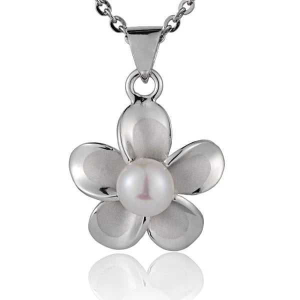 Rhodium Plumeria White Pearl Pendant - 15mm image 0