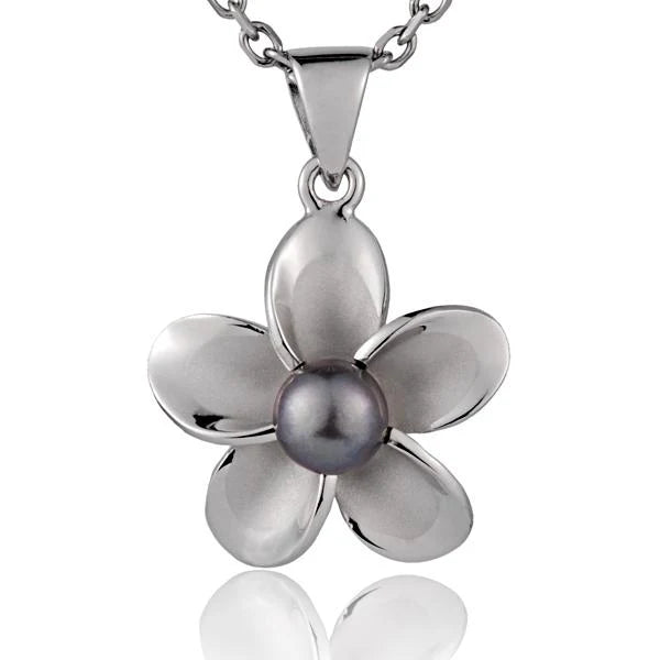 Rhodium Plumeria DB Pearl Pendant - 20mm image 0