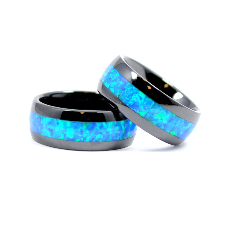 8mm black ceramic ring with blue opal inlay, comfort fit
