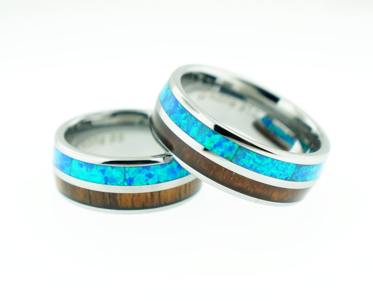 8mm koa wood & blue opal double line tungsten ring, comfort fit