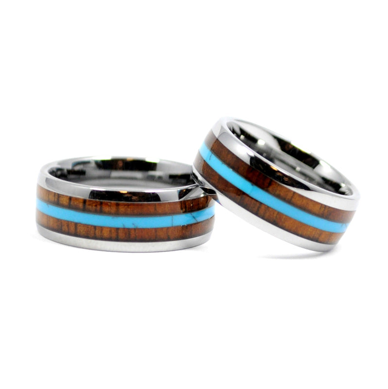 8mm koa wood & turquoise 3-line tungsten ring, comfort fit