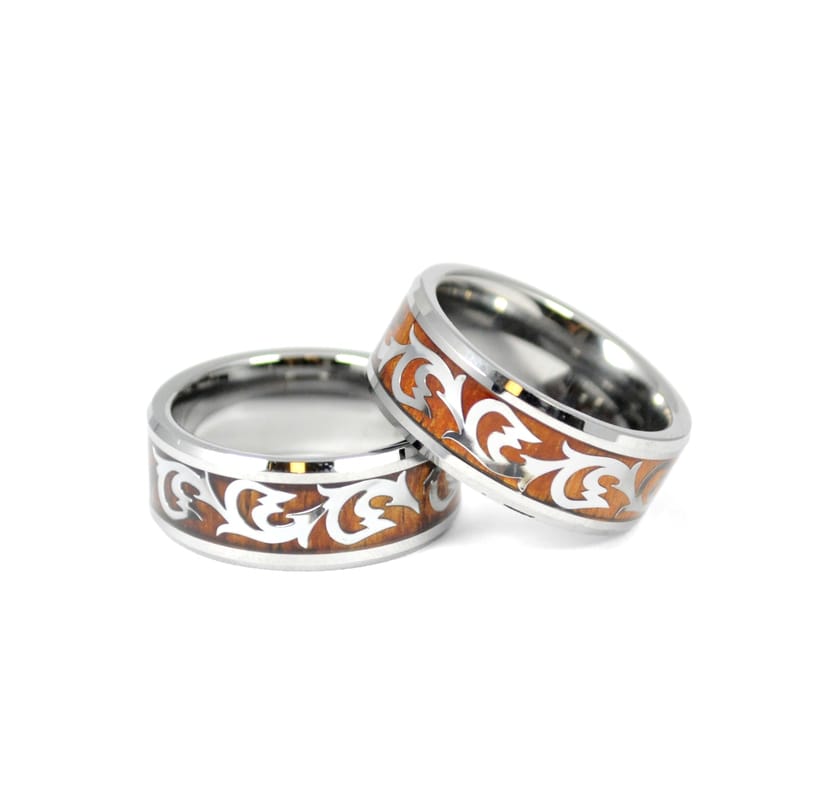 8mm hawaiian koa wood scroll tungsten ring, comfort fit