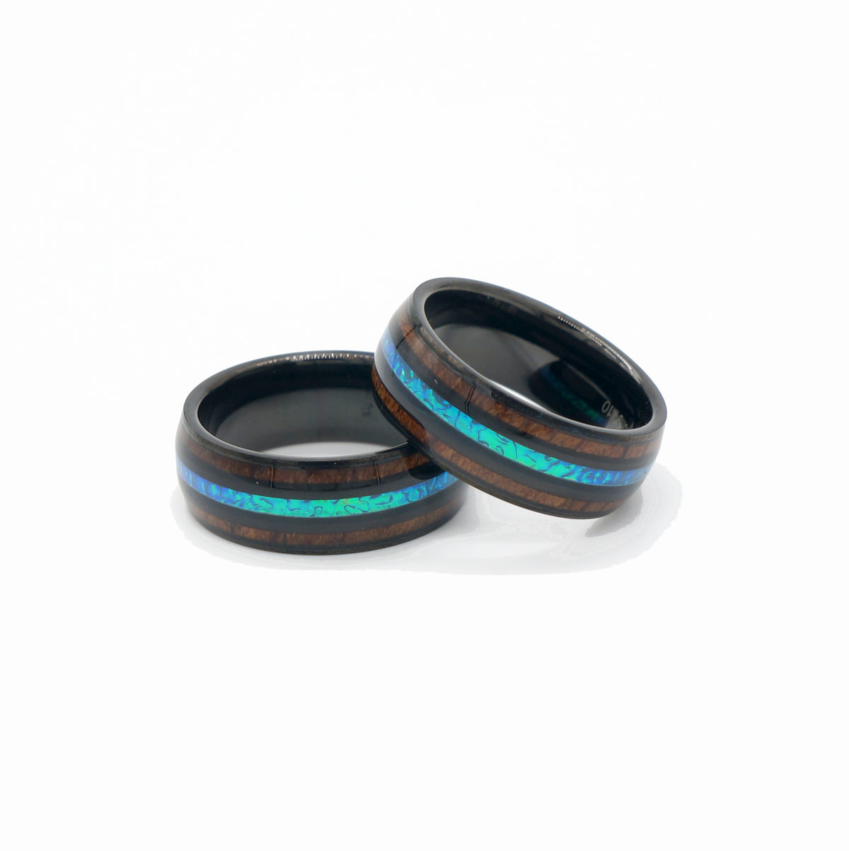 8mm koa wood & opal 3-line black tungsten ring, comfort fit