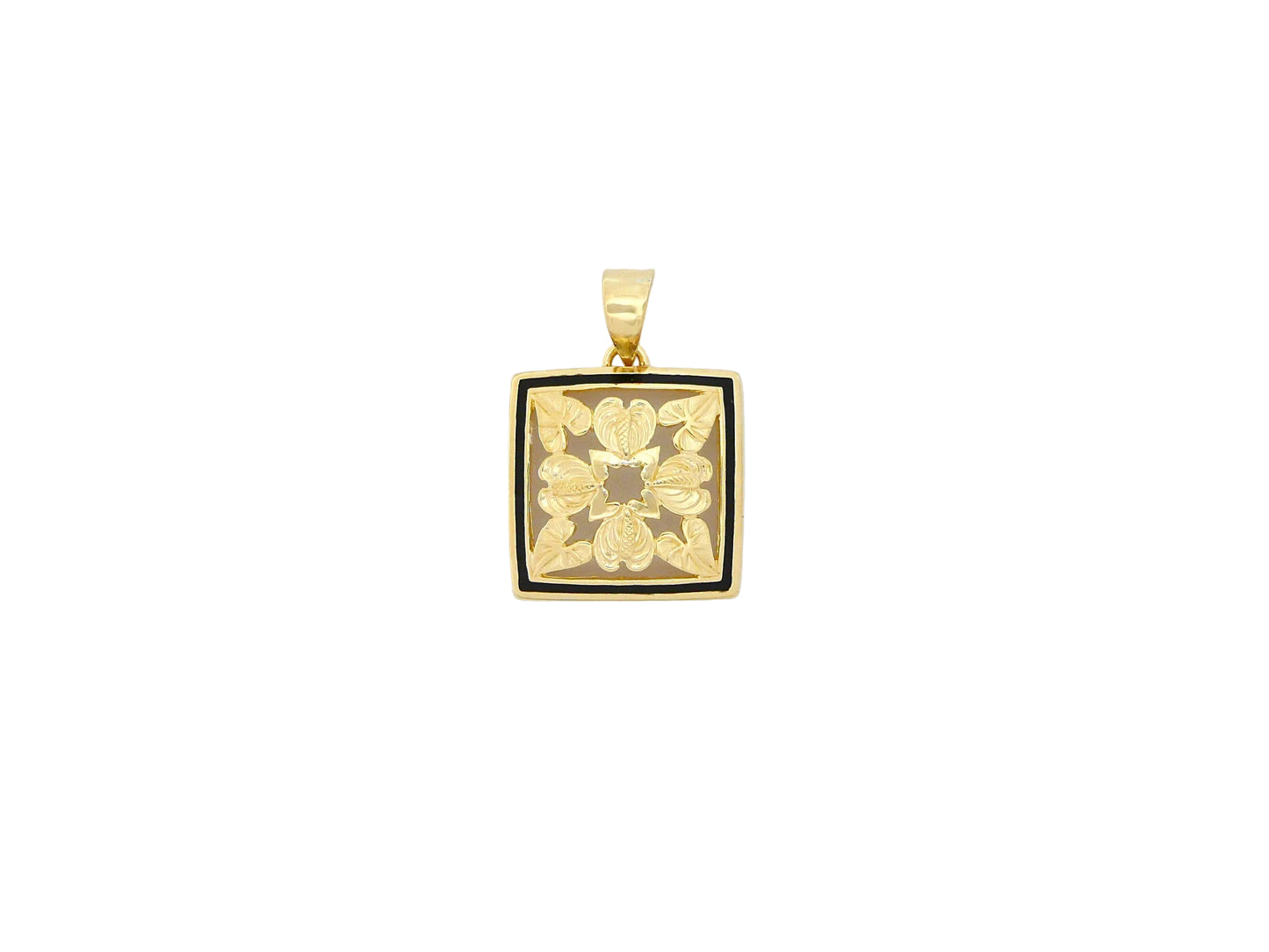 Small 14K gold anthurium quilt pendant with intricate flower design, crafted by Ashley's Gift Shop.