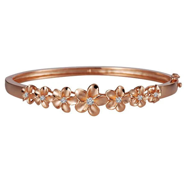 Hawaiian 925 Sterling Silver 8-12mm Plumeria bangle with pink gold coating, 7-plumeria design, shiny rhodium finish, elegant.