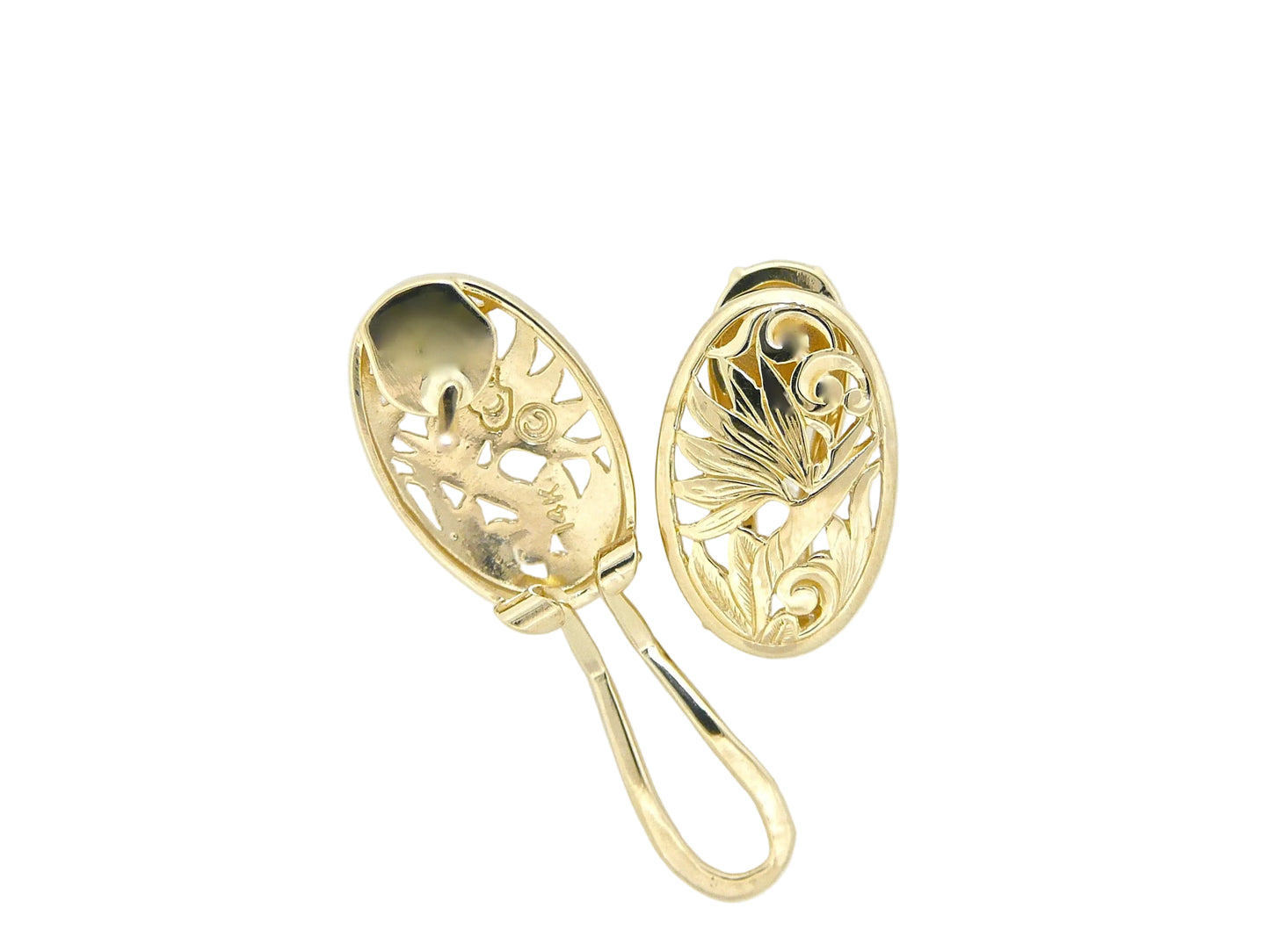 Small 14K gold Bird of Paradise earring featuring detailed flower design, perfect for elegant jewelry collection.