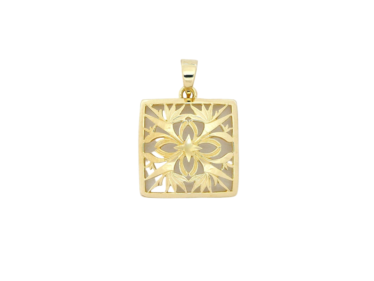 Large 14K gold BOP quilt pendant with intricate quilt design, crafted by Ashley's Gift Shop.