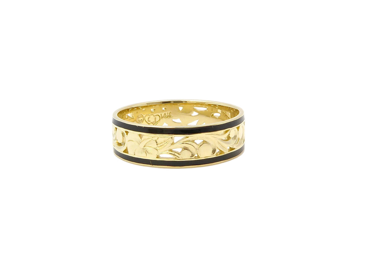 Hawaiian 14K Gold hibiscus cut-out ring with 6mm band, featuring intricate floral design and polished finish.