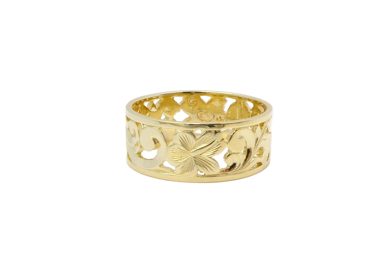 Hawaiian 14K Gold hibiscus ring with 8mm cut-out design, featuring intricate floral details and a polished finish.
