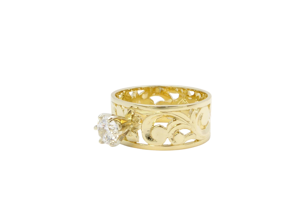 Hawaiian 14K Gold cut-out ring with 0.25 carat cubic zirconia, 8mm size, featuring intricate design details.