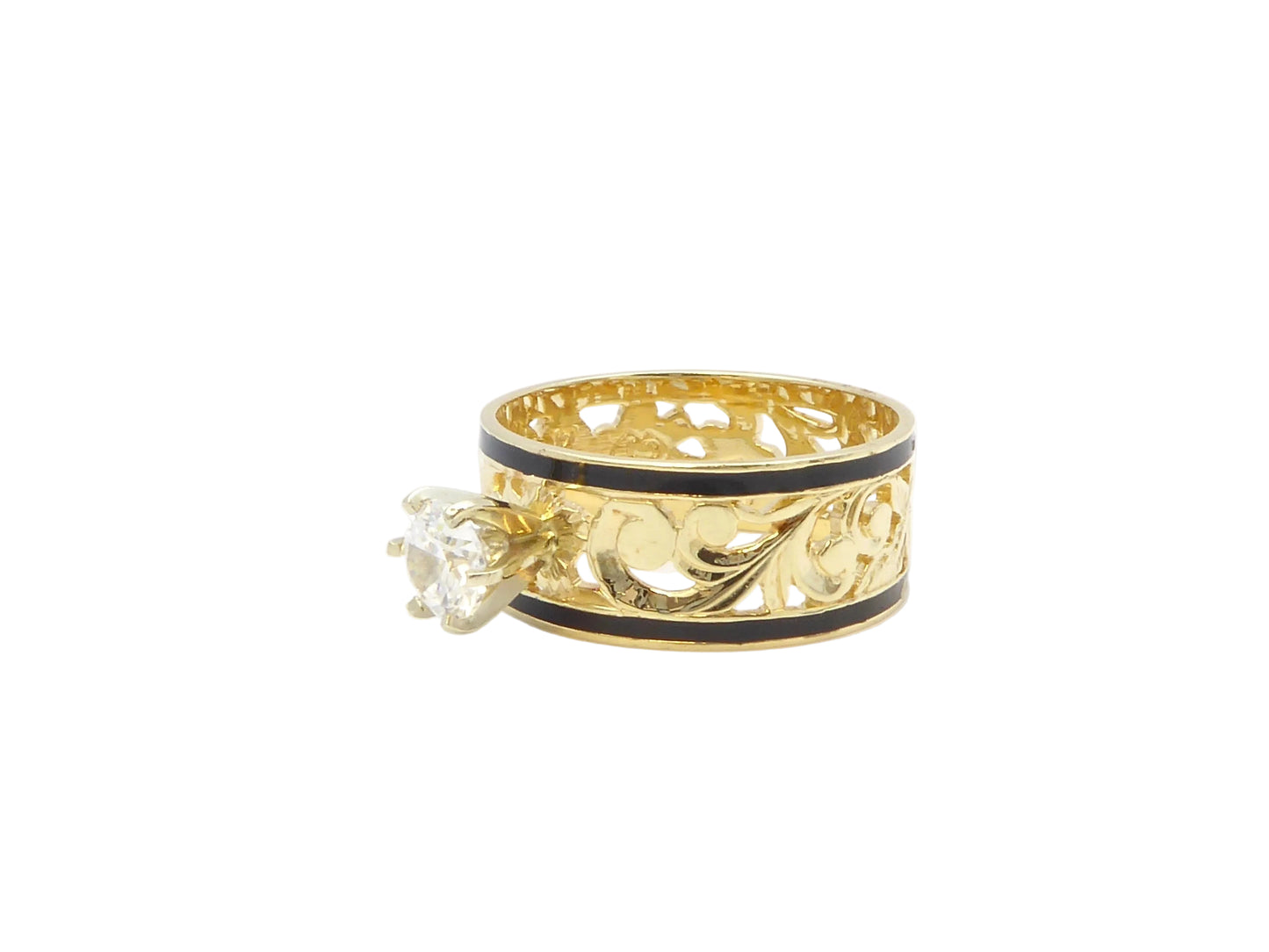 Hawaiian 14K Gold cut-out ring with 0.25 carat CZ, 8mm width, featuring a stylish open design.