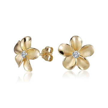 Plumeria CZ YG Rhodium Post Earring - 12mm image 0