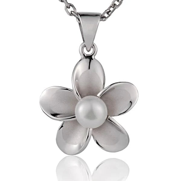 Rhodium Plumeria White Pearl Pendant - 20mm image 0