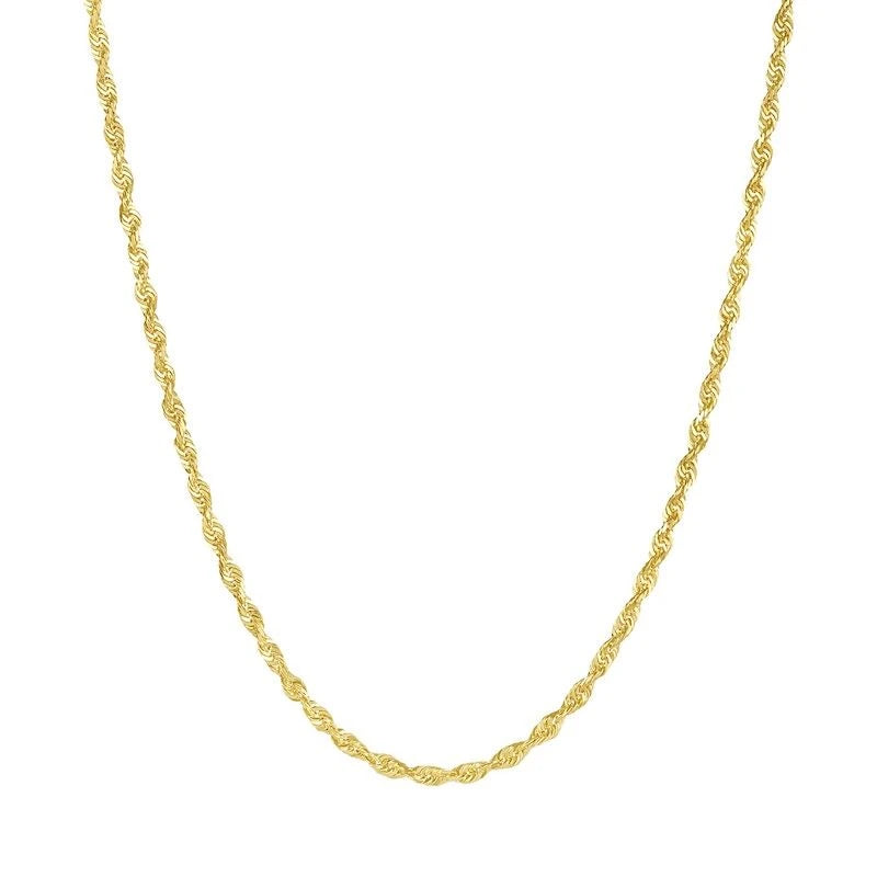 14K gold diamond cut rope chain, 1.5mm thickness, featuring intricate textured link design for a stylish jewelry accessory.