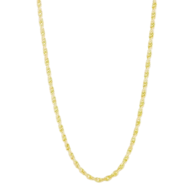 14K gold diamond-cut rope chain, 2.5mm thickness, showcasing intricate link design and shiny finish.