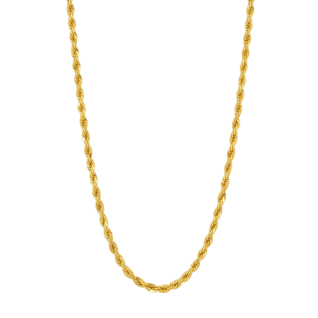 14K gold diamond cut rope chain, 2.9mm thickness, showcasing intricate textured design and polished finish.