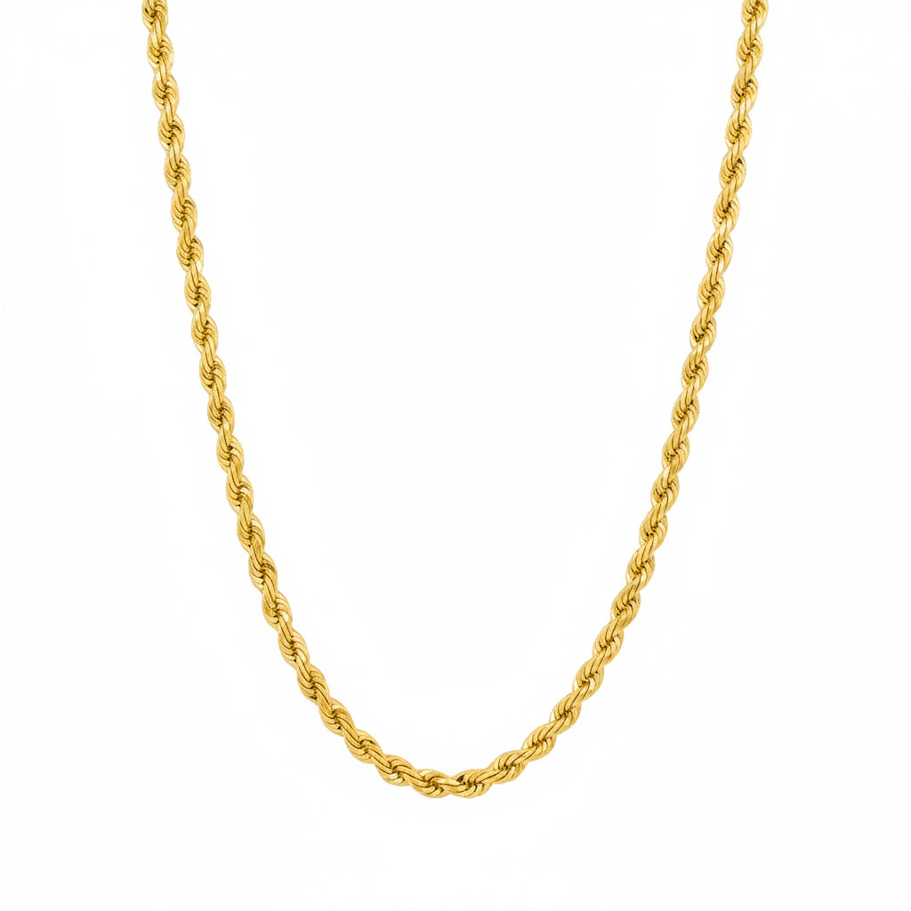 14K gold diamond cut rope chain, 3.5mm thickness, shiny and textured jewelry piece with intricate design.