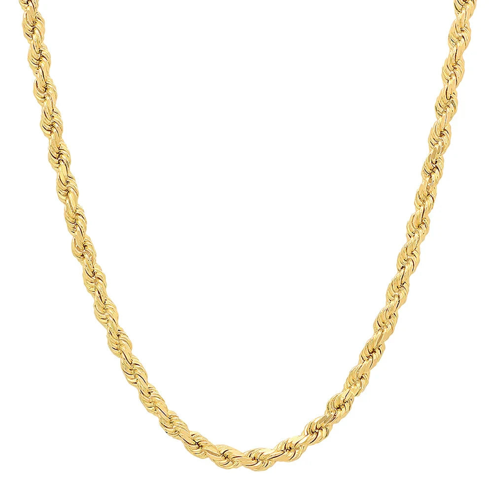14K gold diamond-cut rope chain, 5mm thickness, showcasing intricate link design and shiny gold finish.