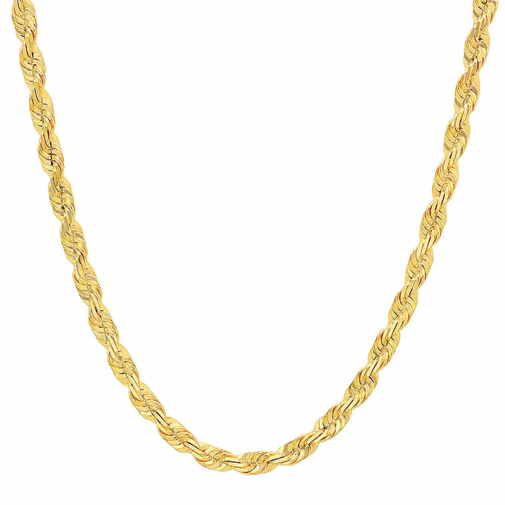 14K gold diamond cut rope chain, 6mm thickness, showcasing intricate link design for a stylish and elegant jewelry accessory.