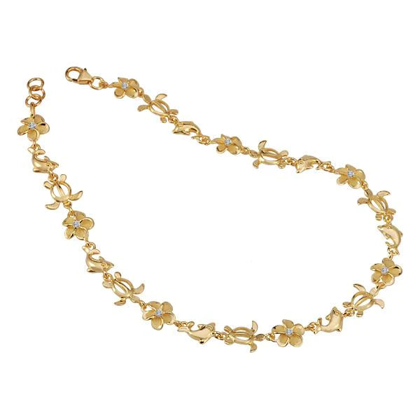 Hawaiian 925 Sterling Silver dolphin Honu anklet with Plumeria CZ accents, 8mm yellow gold plated anklet, featuring detailed.