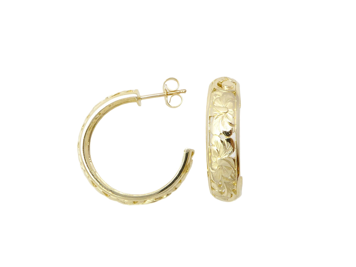 Hawaiian 14K Gold dome hoop earring, long 6mm size, stylish jewelry accessory with a smooth, rounded design.