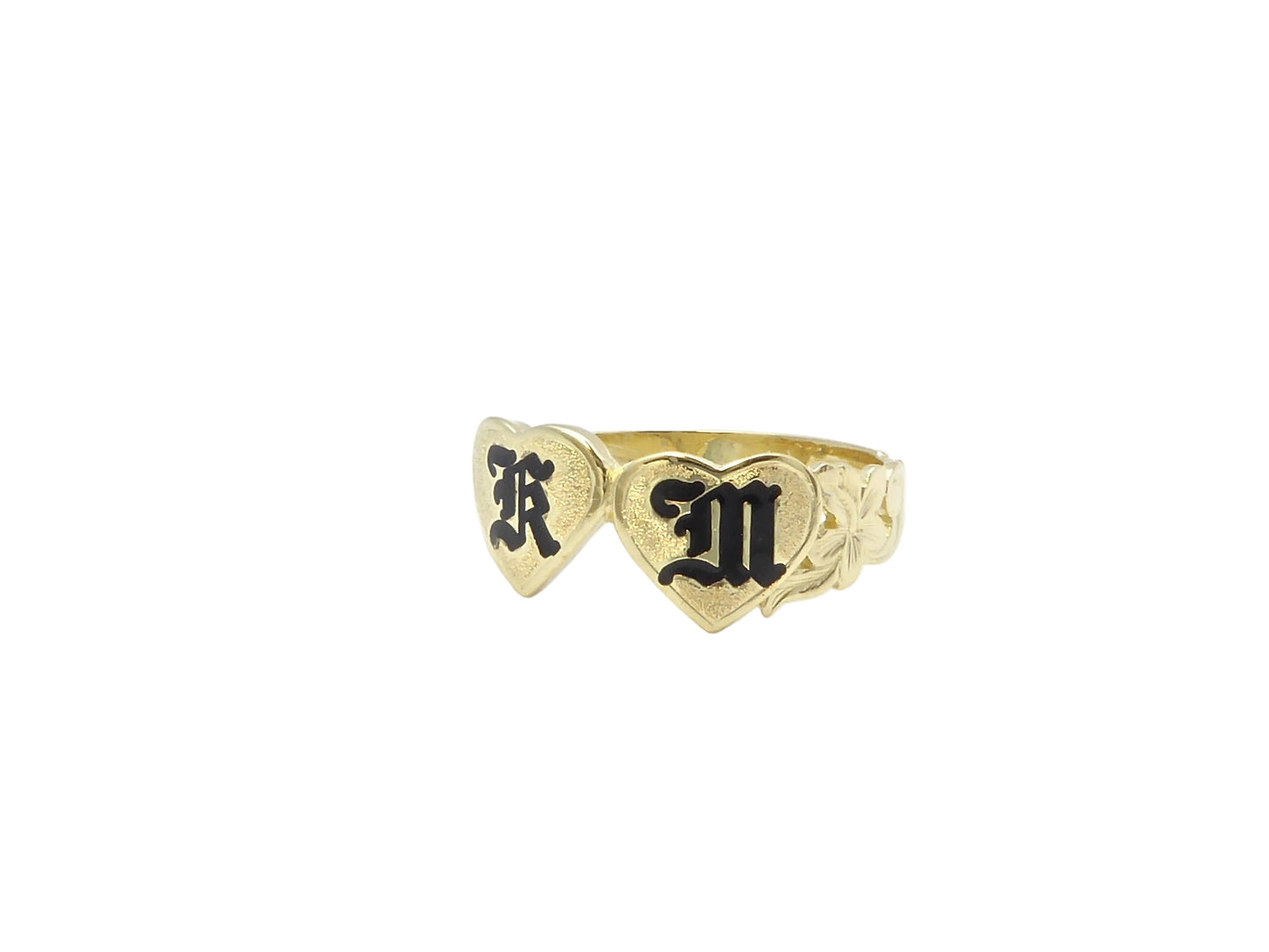 Hawaiian 14K Gold double heart ring with initial engraving, featuring a delicate design and polished finish.