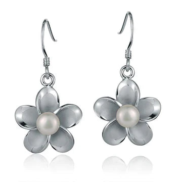 Rhodium Plumeria White Pearl Hook Earring -18mm image 0