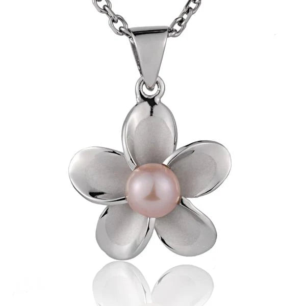 Rhodium Plumeria Pink Pearl Pendant - 20mm image 0