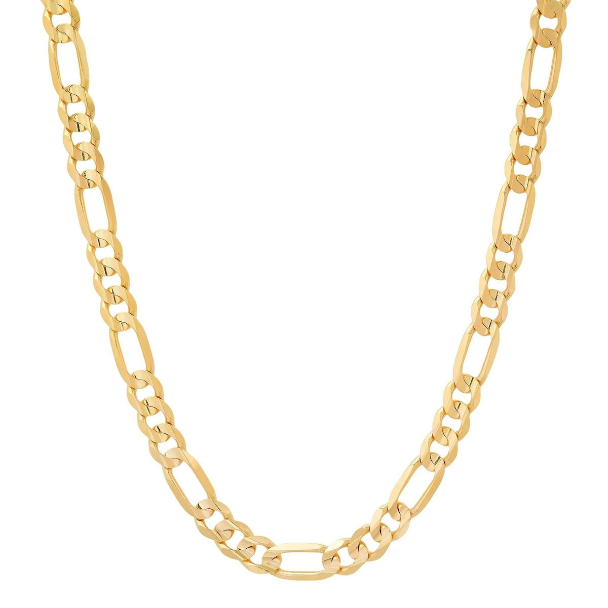 14K gold Figaro chain with 6.5mm links, showcasing shiny, polished gold links, ideal for stylish jewelry wear.