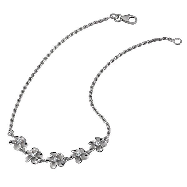 Hawaiian 925 Sterling Silver anklet with five plumeria CZ charms and 8mm beads, featuring rhodium plating for a shiny finish.