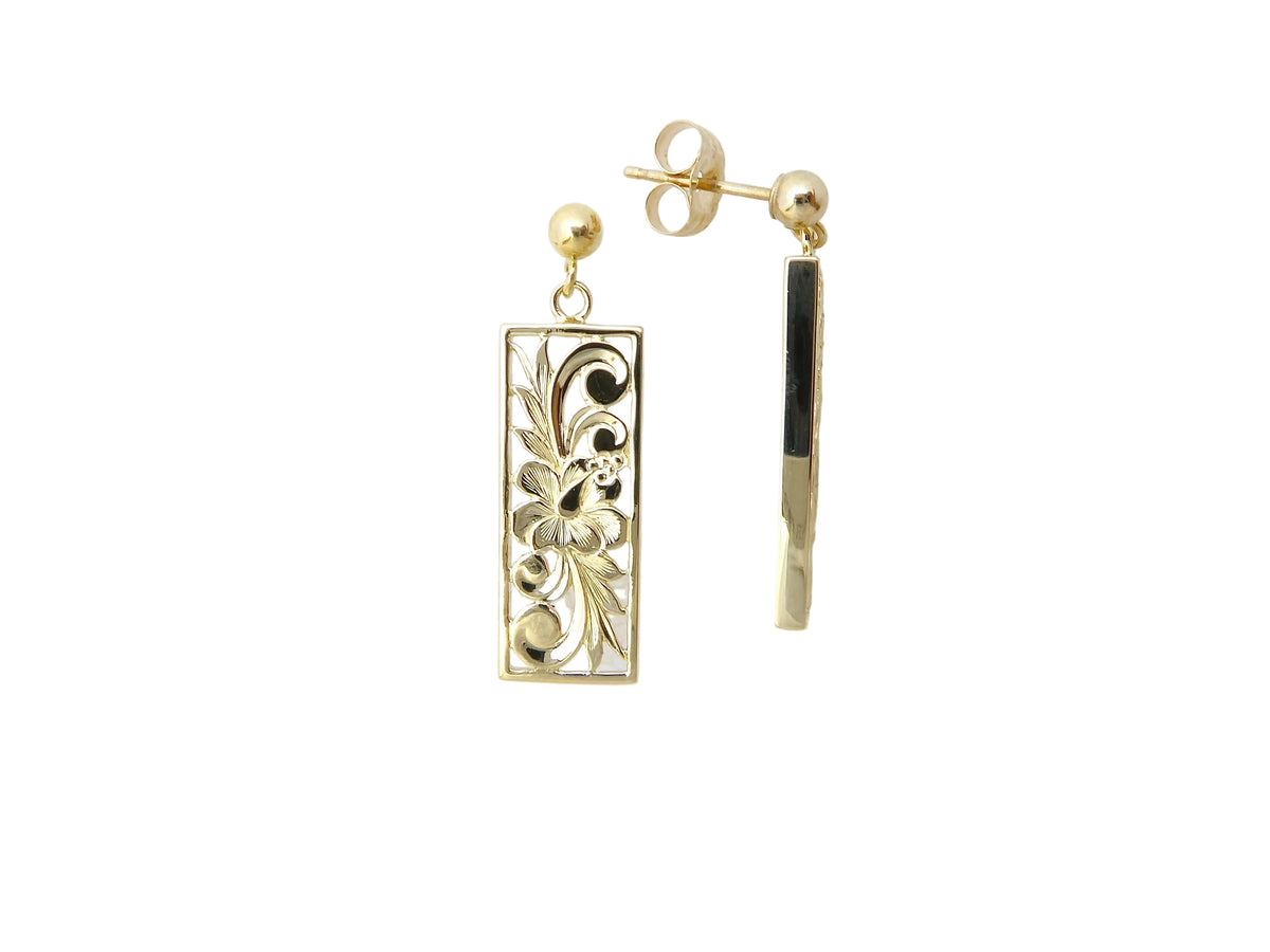 Hawaiian 14K Gold small 8mm 14K gold flat vertical earring, minimalist design in shiny gold finish.