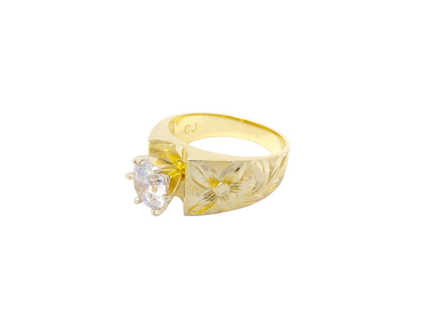 Hawaiian 14K Gold french MTG#0001 low ring with 1 carat cubic zirconia gemstone, elegant jewelry design.
