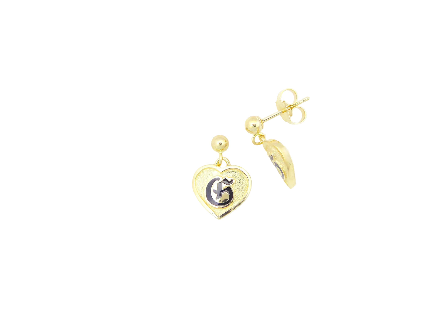 Hawaiian 14K Gold heart dangling letter E earring with red enamel and sterling silver accents, stylish jewelry.