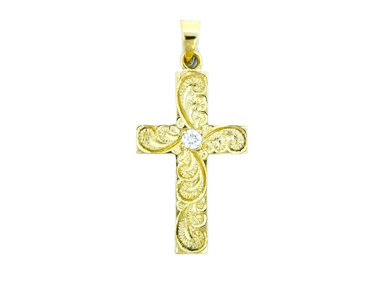 Hawaiian 14K Gold cross pendant with cubic zirconia stones, featuring intricate Hawaiian-inspired design.