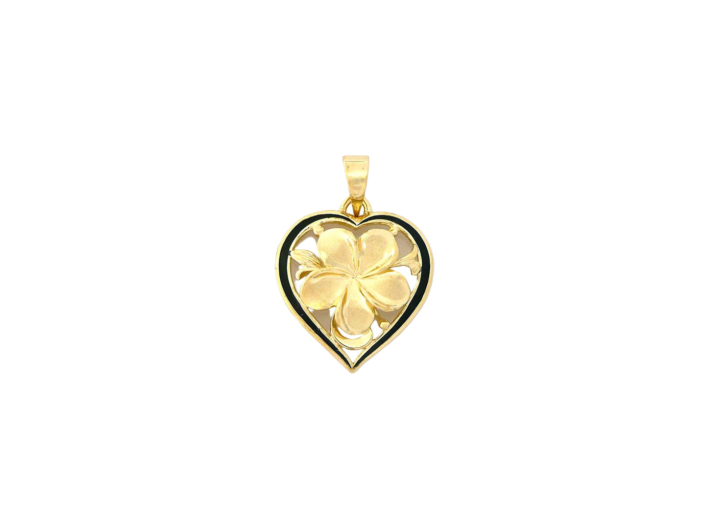 Hawaiian 14K Gold heart-shaped plumeria pendant featuring floral design.