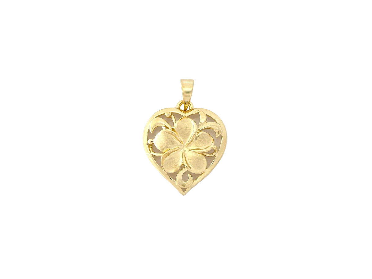 Hawaiian 14K Gold heart-shaped plumeria pendant with detailed floral design.